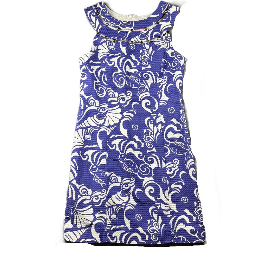 Lilly Pulitzer Lindy Beaded Neck Shift Dress Spectrum Blue Tide Pools Sz 2 L202